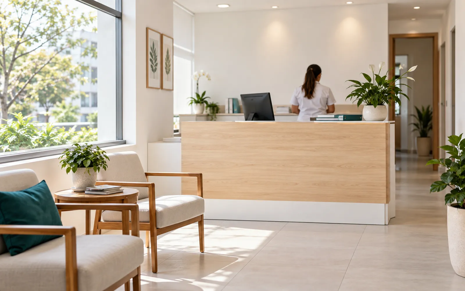 Recepção clara de um consultório odontológico pequeno: balcão de madeira com computador, recepcionista de costas e poltronas de espera sob luz natural.